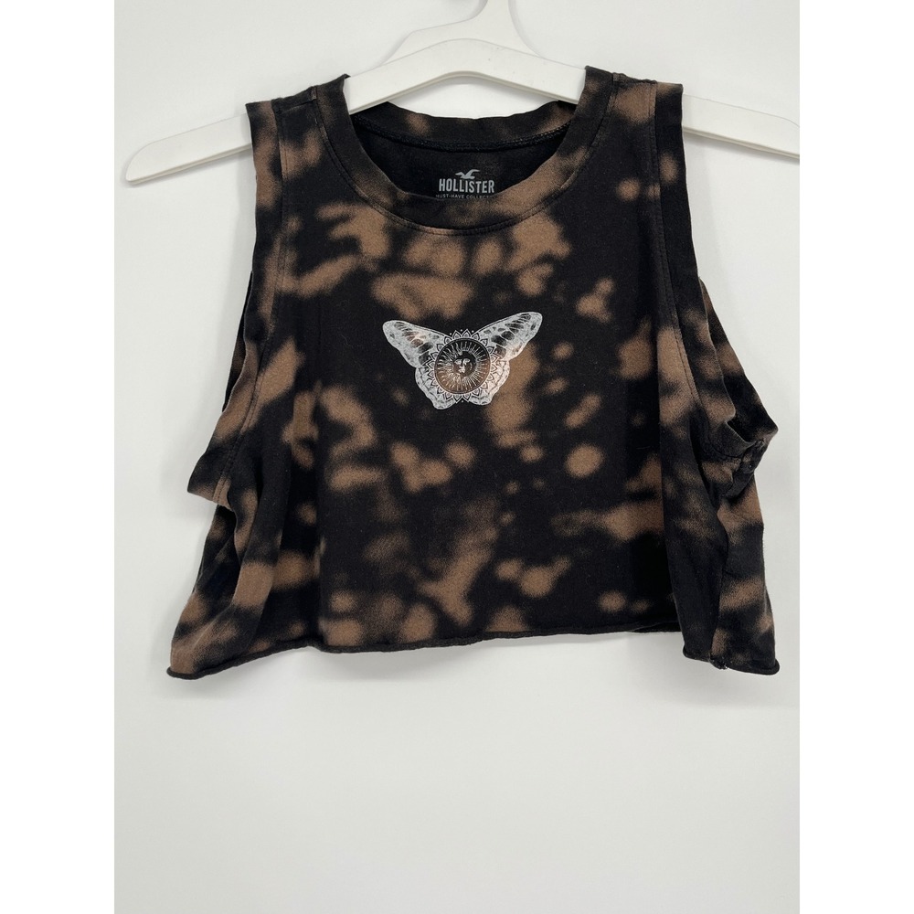 Hollister Butterfly Celestial Bleach Tie Dye Muscle Crop Tank Top Women Black XS